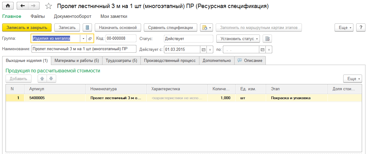 Ресурсная спецификация в 1С:Комплексная автоматизация